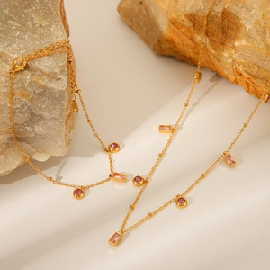 18K gold plated stainless steel necklace with pink and purple zircon geometric pendants