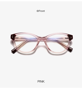 Front view of pink anti-blue light glasses with transparent frame and stylish retro design