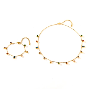 Elegant gold titanium steel jewelry set with colorful zircon necklace and bracelet