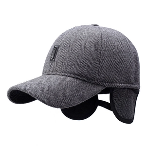 Grey herringbone wool baseball cap with ear flaps and SPORT metal badge detail