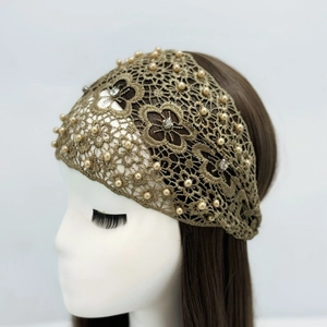 Vintage lace headband with embroidery, faux pearls and rhinestones on hair model