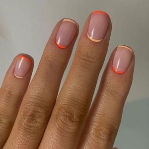 French Tip Press On Nails Short Round Nude Pink Orange Minimalist Glossy Artificial Fake Finger Nails For Women