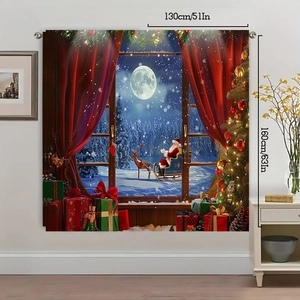 Detailed Christmas scene on festive polyester curtain with Santa, reindeer and forest