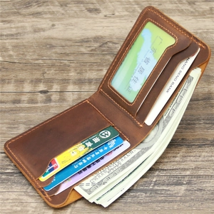 Retro brown crazy horse leather bifold wallet for men with multi-card slots and ID window