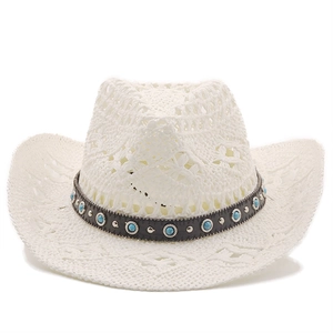White woven cowboy hat with turquoise beads and black leather strap on a clean background