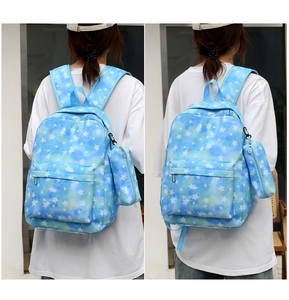 Detailed view of galaxy print backpack with matching pouch set worn by a model