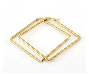 Detailed view of polished golden square hoop earrings with a sleek minimalist design