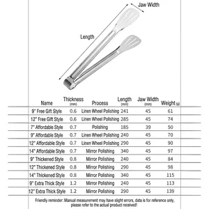 Size chart for stainless steel food tongs with detailed specifications and dimensions
