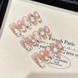 Handmade Press On Nails With Snowflake Design Rhinestones Artificial Pearls Champagne Gold Cat Eye Winter Christmas For Women