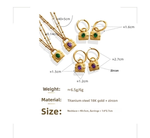 Detailed size specification for 18K gold plated titanium lock necklace and earrings set