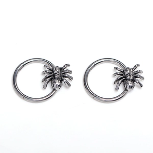 Polished stainless steel spider hoop earrings in silver punk gothic jewelry style