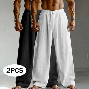 Pantalon Homme Décontracté Été Respirant Lin Jambe Droite Cordon Couleur Unie Mélange Coton Lin Pour Extérieur Quotidien