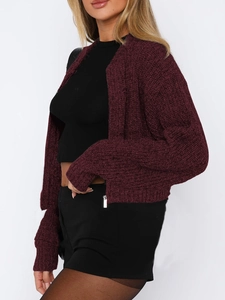 Detail of burgundy thick-knit cardigan texture on model against white background