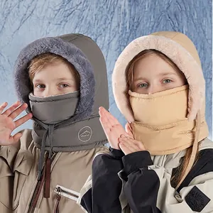 Kids Winter Balaclava Hat Integrated Mask Neck Warmer Windproof Thermal Faux Fur Lined Pullover Hood For Boys Girls