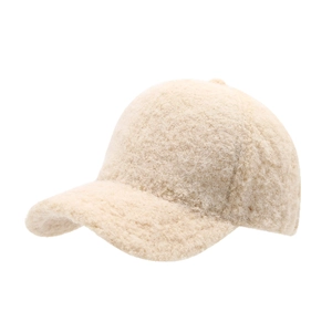 Warm light beige fuzzy fleece baseball cap with a classic curved brim for winter