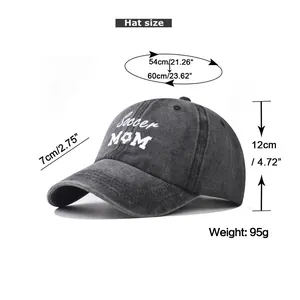 Detailed size chart for washed cotton soccer mom baseball cap with embroidery