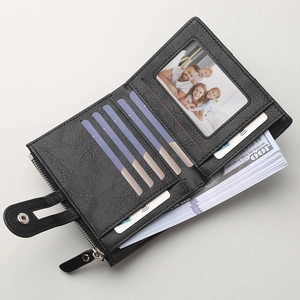 Slim minimalist men's black lychee grain PU leather wallet with multiple card slots