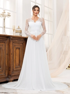 Elegant white long sleeve lace wedding dress with V-neckline and A-line chiffon skirt