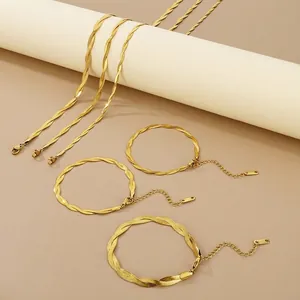 Minimalist Stainless Steel Braided Herringbone Snake Chain Jewelry Set For Women Two-tone Gold Silver Bracelet Necklace Adjustable Fashion Accessory
