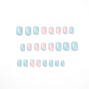 Short square light blue and pink press-on nails set with minimalist French tip design