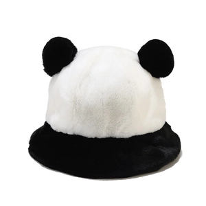 Winter plush panda bucket hat with black and white faux fur and cute double ears