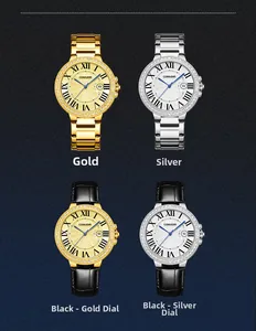 Close-up of four luxury men's watches with roman numerals and rhinestone bezels