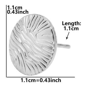 Detail showing 1.1cm geometric stainless steel stud earring with engraved ripple texture