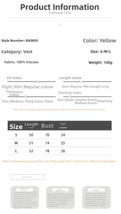 Size chart showing S-L measurements for the slim fit sleeveless knitted vest in yellow