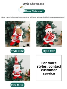 Detail of plush Christmas tree ornaments featuring reindeer, snowman, and Santa Claus characters