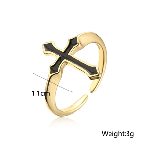 Detail view of 18K gold plated cross ring with black enamel inlay and 1.1cm height
