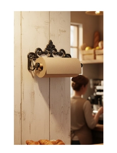 Detailrelief des Vintage-Papierrollenhalters aus Gusseisen mit eleganten Lilienmustern
