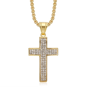 Hip hop gold plated cross pendant necklace with full rhinestones on white background