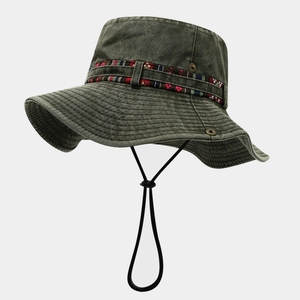 Detail of dark army green washed canvas bucket hat with ethnic patterned band and wind rope