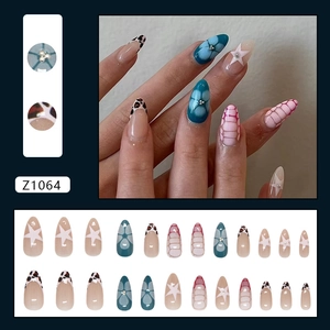 24pcs almond press-on nails with star patterns, floral art, and leopard print designs