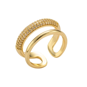 Double-layer gold open ring with sparkling pavé cubic zirconia for an adjustable fit