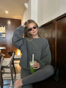 Women Vintage Washed Cotton Sweatshirt Crew Neck Pullover Long Sleeve Distressed Retro American Streetwear Top