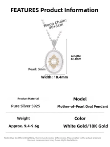Detailed size specifications for the 925 silver oval mother-of-pearl shell pendant necklace