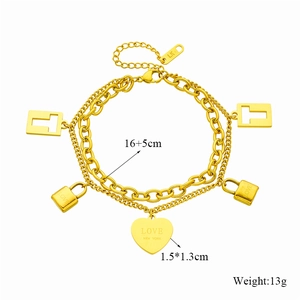 Double-layered gold chain bracelet with love heart lock pendants and T-bar toggle clasp