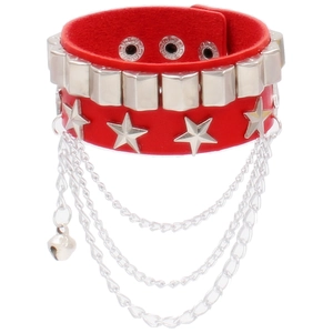 Red multi-layer leather punk choker with silver rivets stars and bell decoration