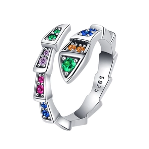 Chic S925 sterling silver snake ring with colorful zircon gemstones for women