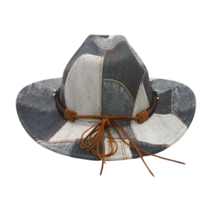 Western cowboy style fedora with blue and white denim print and brown leather band