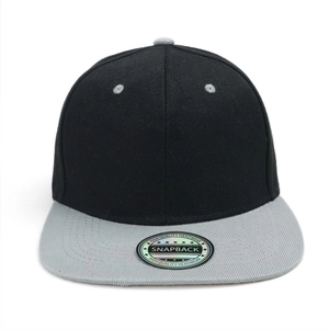 Front view of black and gray two-tone snapback hat with laser sticker and six-panel crown