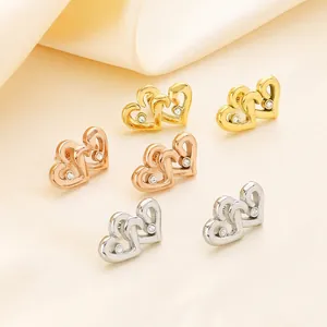 Interlocking Double Heart Stud Earrings Stainless Steel With Rhinestone 18K Gold Plated Romantic Jewelry For Women