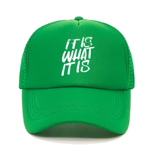 Detail of bright green trucker hat with IT IS WHAT IT IS print and breathable mesh back