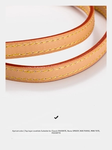 Detailed view of apricot top grain cowhide strap with yellow stitching and red edge paint