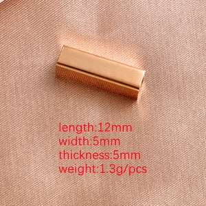 Rose gold hollow cuboid connector with 12mm length and 5mm width technical specifications