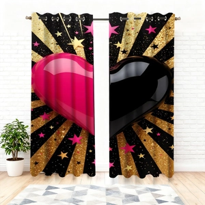 Detail of velvet blackout curtains with heart print and gold stripes on grommet top panel