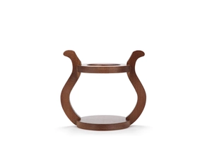 Detailed view of the lyre-shaped wooden stand showing natural brown wood grain texture