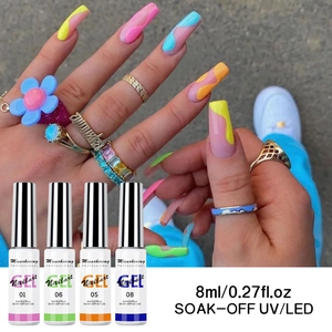 Detail of 12-color nail art liner gel set with 8ml UV LED soak-off polish bottles