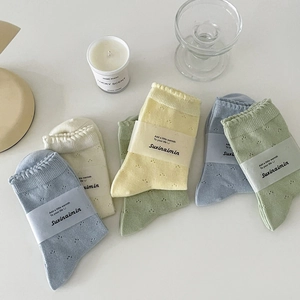 Japanese style lace cotton crew socks in macaron colors with hollow dot pattern